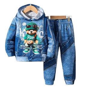 Bear Imitation Denim Hoodie and‎ Pants Set Toddler Boys Childrens 2pcs Outfit